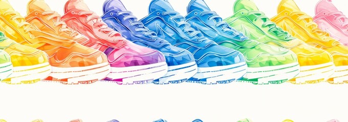 A seamless tile pattern featuring rows of colorful, retro sneakers drawn in a watercolor style. Copy space. Banner. copy space