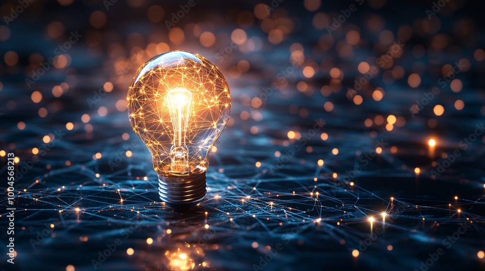 Aufkleber illuminated light bulb with network connections symbolizing innovation and technology on a dark back