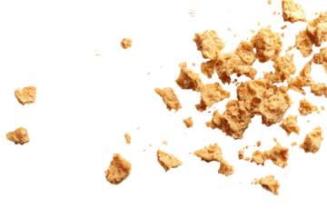 Close-up view of scattered biscuit crumbs on a pristine white background, showcasing artistic food details.