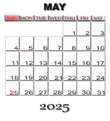 May 2025 calendar isolated on transparent background in PNG format.