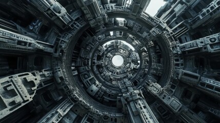 Fototapeta premium Futuristic geometric architecture design with intricate details and metallic structure, showcasing a complex and symmetrical pattern in a tunnel-like form.