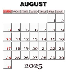 August 2025 calendar isolated on transparent background in PNG format.