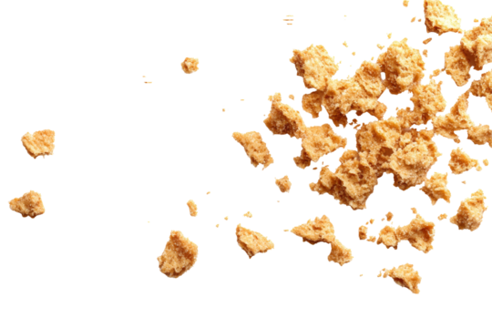 Close-up view of scattered biscuit crumbs on a pristine white background, showcasing artistic food details.