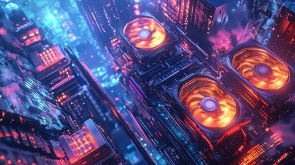 Obraz premium A vibrant cyberpunk cityscape with neon lights and futuristic architecture, showcasing a busy urban environment from a high vantage point.