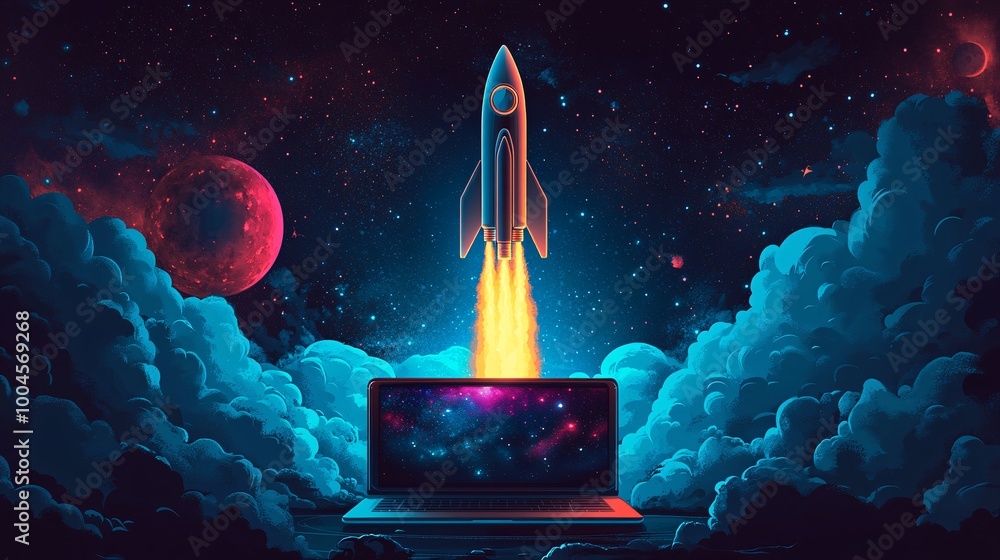 Poster futuristic rocket launching from laptop into space with colorful nebula and planets in background