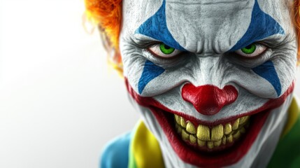 Obraz premium Close-up of a sinister clown with intense green eyes, vivid makeup, and a menacing smile, creating a haunting and eerie atmosphere.