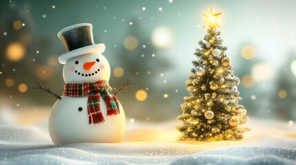 A 3D snowman with a scarf and top hat standing next to a glowing Christmas tree