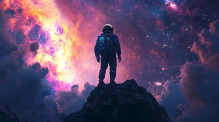 Obraz premium Astronaut stands on a rocky elevation, gazing into a vibrant, colorful cosmic landscape filled with clouds and stars.