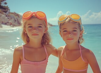 Two girls on the beach, summer vacation, play and fun, faded pastel color palette, aesthetics of old color photos, memories of a carefree childhood	