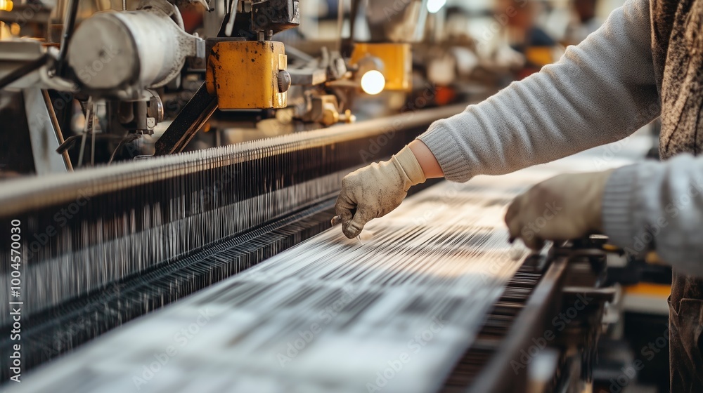 Poster worker operating machinery in a textile factory during daylight, focusing on the production process 