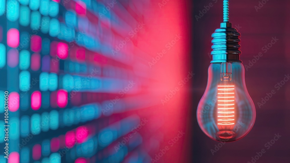 Poster Close-up of a glowing lightbulb with a colorful digital background, representing innovation and technology in a vibrant setting.