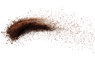 Vivid depiction of coffee powder pouring down from above, showcasing rich texture and fluid motion.