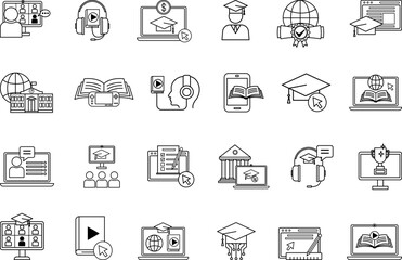 Online Education Icon Set. Vector Icons Online School, Mentor, Learning Platform, Student, Audio Course, Tuition Fees, E-Book, Reward, E-Learning, Online Test, and More