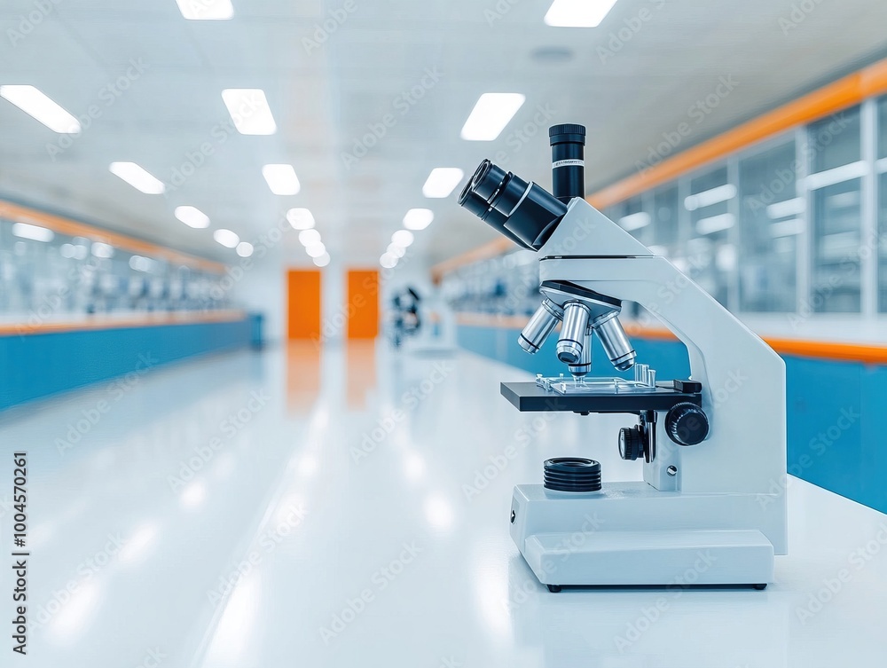 Poster a modern microscope in a clean, well-lit laboratory setting, emphasizing precision and technology in