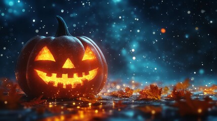 Glowing jack-o'-lantern surrounded by autumn leaves under a mystical starry sky, perfect for Halloween themes.