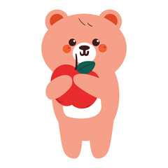 cute drawing cartoon bear holding red apple. cute animal drawing, doodle, sticker
