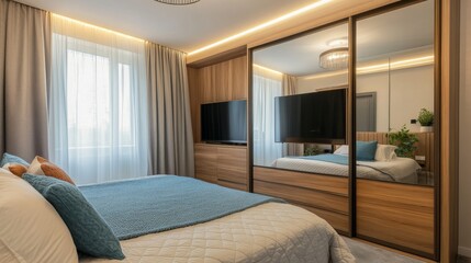 A stylish bedroom with a comfortable big bed, a TV for relaxing, and a wardrobe with sliding doors made of wood and mirrors.