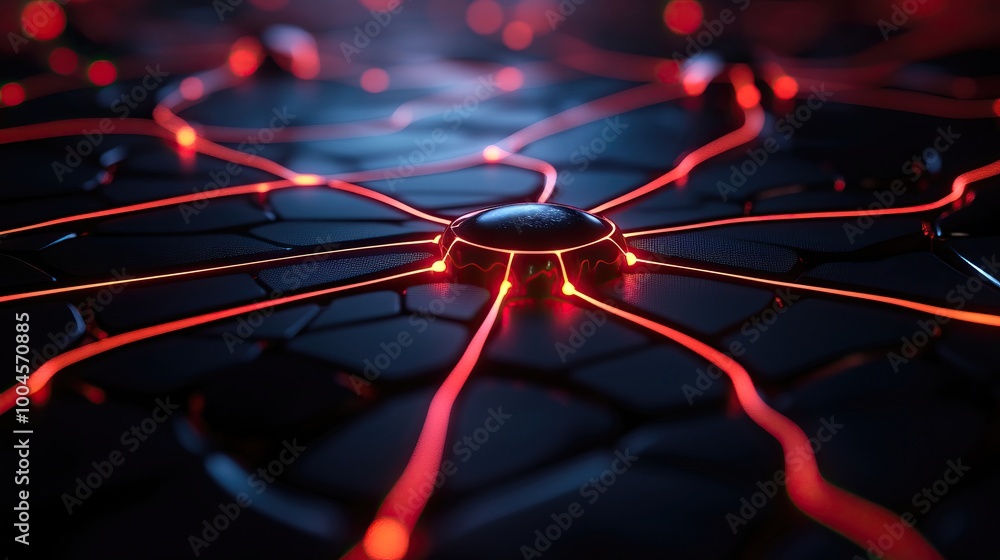 Poster abstract representation of interconnected nodes and neon pathways on a dark surface, showcasing digi