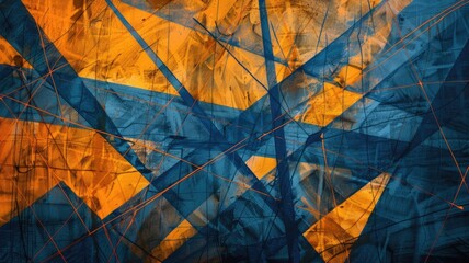 Vibrant abstract artwork featuring bold brushstrokes in vivid blue and orange,