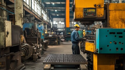 Fototapeta premium Worker operating machinery in a large industrial factory during daytime focusing on precision manufacturing tasks