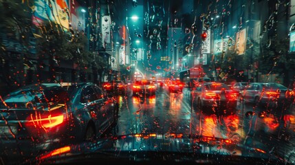 Captivating night view from an open car window with rain streaked windshield and vibrant city lights