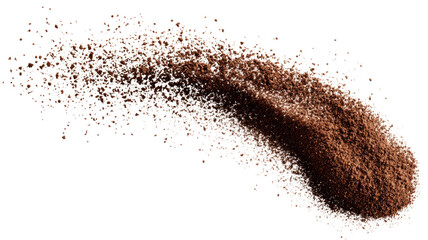 Coffee powder cascades from above, set against a stark white background, showcasing clear and vivid textures.