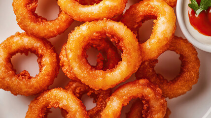 Crispy onion rings served with dipping sauce on a plate, perfect for snacking or as an appetizer.