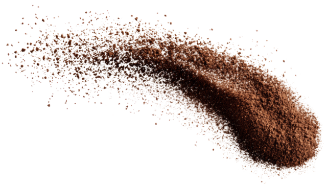 Coffee powder cascades from above, set against a stark white background, showcasing clear and vivid textures.