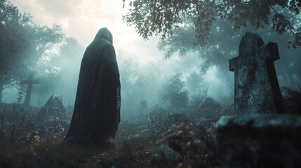 Hooded Figure in Eerie Graveyard on Foggy Halloween Night