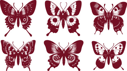 butterfly silhouettes. Outline butterflies romantic tattoo, tropical insects stencil. Summer and spring exotic symbols isolated vector set. Elegant wild flying moth of various shapes