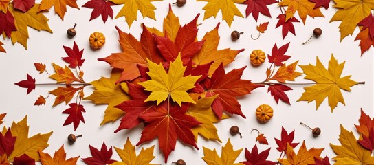 Autumn-themed illustration with maple leaves and ThanksgivingHalloween motifs in orange red and yellow tones