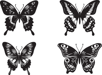 butterfly silhouettes. Outline butterflies romantic tattoo, tropical insects stencil. Summer and spring exotic symbols isolated vector set. Elegant wild flying moth of various shapes