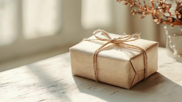 A simple gift box on a table in a bright room.