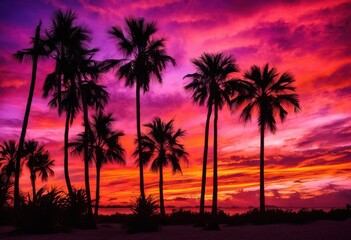 gorgeous palm silhouette set fiery sunset striking colors purple tranquil scene, background, orange, pink, sky, tree, scenic, vibrant, horizon, landscape
