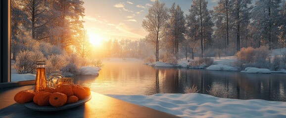 Winter Sunset Over Snowy Lake with Oranges and a Bottle