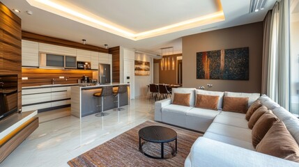 A stylish studio apartment with a spacious living room and kitchen.