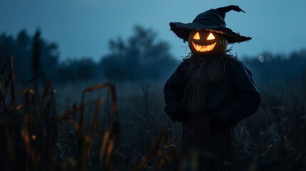 Halloween Jack-o-lantern Pumpkin Scarecrow in Field