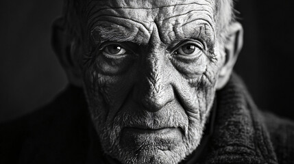 Obraz premium A moody black and white portrait of an elderly man with deep wrinkles, telling a story through his expression.