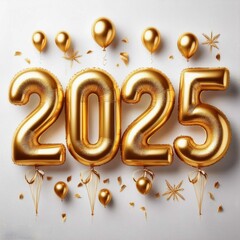 2025 Golden Foil Balloons isolated on white background. Festive celebration banner