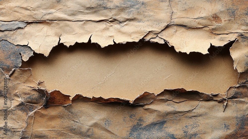Poster close-up of torn vintage paper with textured surface and ripped edges creating a rustic and aged bac