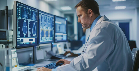 Fototapeta premium doctor sitting in front of x rays or MRI images of a brain