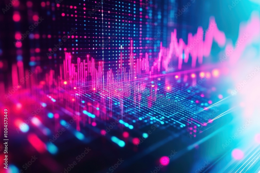 Poster cybernetic cityscape: neon-lit data streams and dynamic graphs pulse with vibrant energy, forming a 