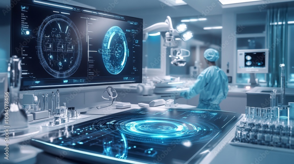Leinwandbilder a highly advanced surgical room features sleek digital displays showing patient data and medical ima