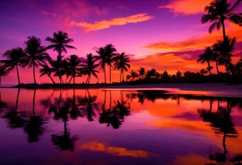 Naklejka premium stunning tropical beach sunset showcasing silhouetted palm trees colorful sky, colors, orange, light, evening, water, sand, coast, reflection, nature