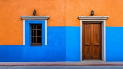 Obraz premium Vibrant Orange and Blue Fasade with Wooden Door and Window in Urban Scene