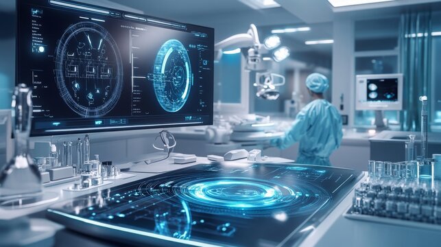 A highly advanced surgical room features sleek digital displays showing patient data and medical imaging. A surgeon in a blue gown is focused on a procedure, emphasizing the high-tech environment.