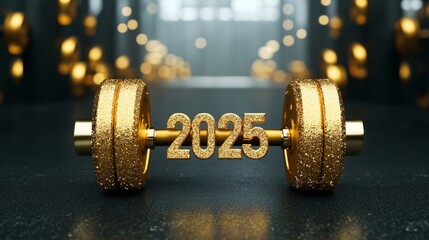 Sparkling Gold Dumbbell with "2025" Signifying New Year Fitness Goals and Aspirations