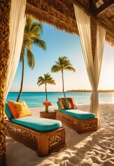 Obraz premium relax vibrant beachside cabanas surrounded calm turquoise waters perfect dreamy getaway experience, sand, sunset, palm, resort, ocean, lounge, view