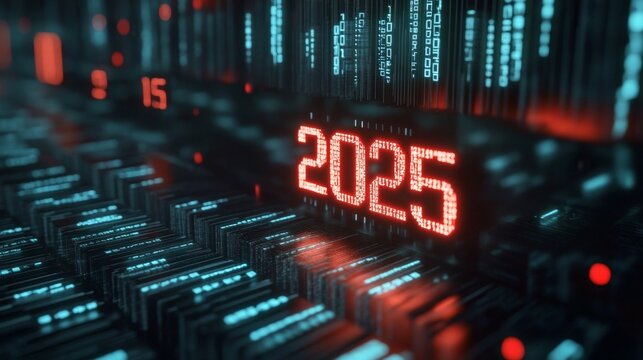 Futuristic Digital Matrix Display Highlighting Year 2025 with Advanced Technology Concepts