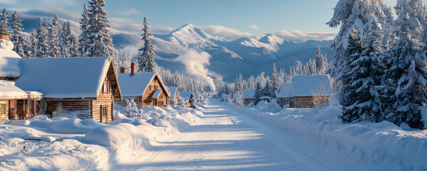 Winter road in the village. Snowy road through an ancient village with wooden houses and snow-covered fir trees. An idyllic winter scene with a fairy tale feel.